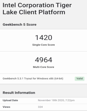英特尔11代酷睿标压处理器i7-11370h的跑分已经正式在geekbench5平台